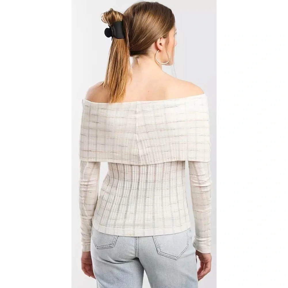 FREE PEOPLE Snowbunny Striped Off the Shoulder Metallic Long Sleeve Top L NWT.